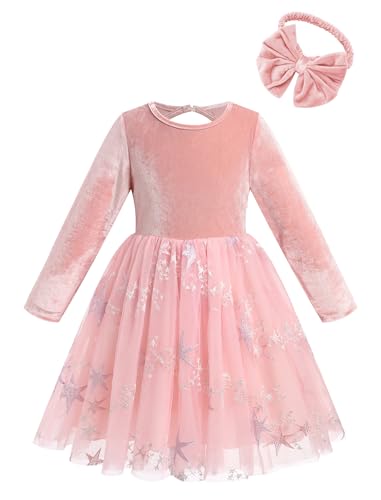 IBTOM CASTLE Toddlers Girls Velvet Dress Floral Embroidery Tulle Dress with Bowknot Headband Fall Winter
