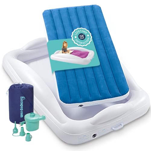 Image of Hiccapop Inflatable Toddler Travel Bed with Safety Bumpers | Portable Blow Up Mattress for Kids with Built in Bed Rail (Dark Blue)