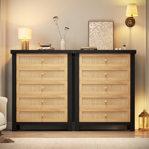 Image of Natural Rattan Dresser for Bedroom with 5 Drawers, Wood Boho Chest of Drawers with Gold Metal Handle, Matte Top Bedroom Tall Dresser with Large Drawers for Living Room, Closet, Hallway, (Black)