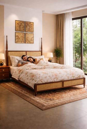 Image of JANGHU FURNITUREWALA Wooden /Rattan /Cane /Poster Queen Size Bed Without Storage -Sheesham Wood -King Cot -Palang -Bed Stylish Bedroom Furniture /Hotel Furniture(Ciao Bella, Honey Finish) Rattan /Cane Bed