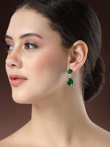 Image of Karatcart Silver Tone Green American Diamond Drop Earrings for Women