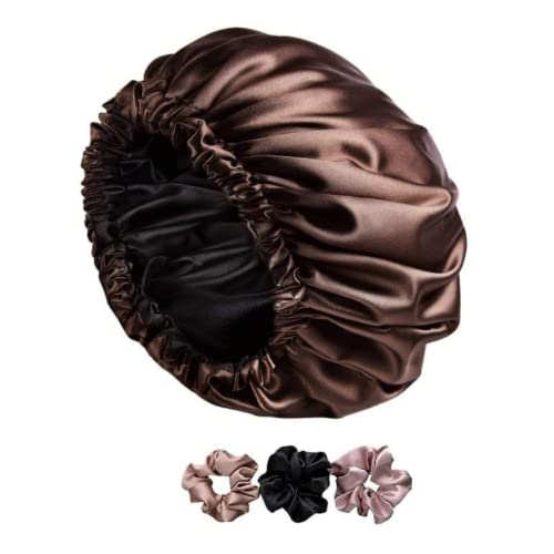 Image of GO WELL Satin Silk Bonnet for Hair with 3 Satin Scrunchies, Satin Bonnet for Curly Hair, Reversible Silk Hair Cap for Sleeping, Adjustable Satin Hair Bonnet, Satin Hair Wrap (Brown)