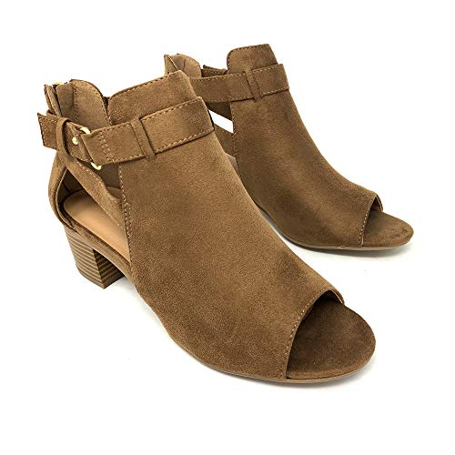 City Classified Topshoe Invest Women's Fashion Cutout Side Strap Heeled Ankle Sandal Booties (Tan, numeric_7)