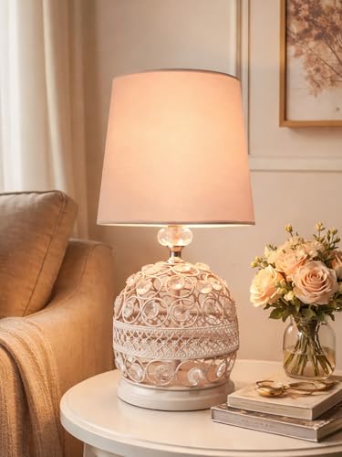 Image of Modern Crystal Table Lamp with White Fabric Shade | Small Contemporary Bedside Nightstand Lamp | Pink Base | Minimalist Desk Globe Light
