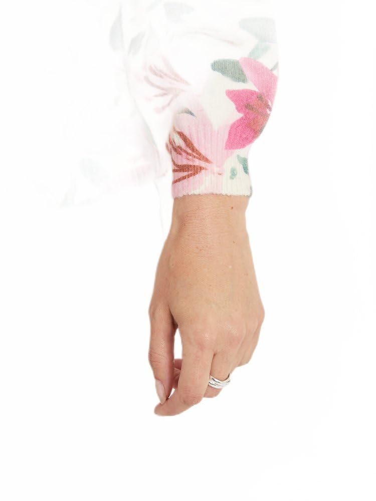 Afibel - Pull Doux Imprimé Fleurs Col Rond Femme Rose Acrylique - Taille : 46/48