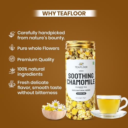 Image of TEAFLOOR Dried Soothing Chamomile Flower Tea || 100% Pure Flower Buds || Caffeine Free, Pure Herbal Tea || Perfect For Night's Sleep || Net Weight :35 Gram (Pack Of 4)