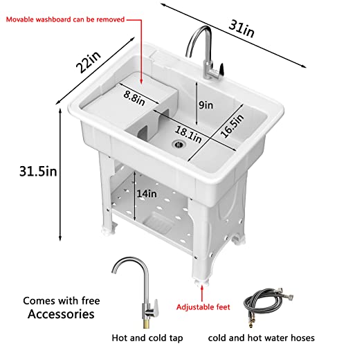 Freestanding Plastic Laundry Sink With Washboard, W31" × D22" × H31.5" Indoor And Outdoor Utility Sink With Cold And Hot Water Faucet, Hoses And Drain Kit For Laundry Room, Garage, Basement, Garden #TOP3
