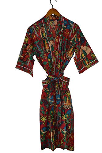 Rajbhoomi Morgenmäntel aus 100 % Baumwolle, für Damen und Herren, 100 % indische Baumwolle, leichter Sommer-Kimono-Bademäntel, ethisch hergestellt Passend für Größen 38-44 (roter Damendruck), rot, 48 Cover