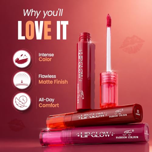 Image of Fashion Colour Pretty Lip Glow Liquid Lipstick Waterproof | Matte Finish | Non Transfer 16 Hours Wear | Liquid Lipstick Nudeshade To Boldshade | Perfectly fit to all Indian Skin Tones | (#Dull Red, 3ML)