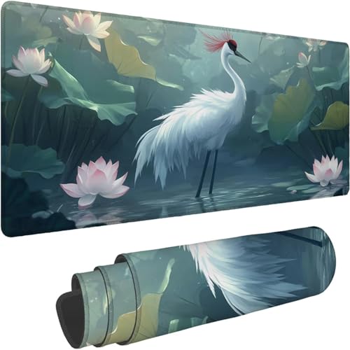 Mouse Mat 1400 x 700 x 3mm Large Mouse Mat Non Slip Rubber Base, Soft Textured Surface with Stitched Edges, Waterproof Desk Mat for PC, Laptop, Laser Mice, Lotus Red-Crowned Crane Printing xn-194