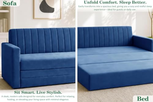 Image of Modern Three Seater Sofa Cum Bed with Armrest, Velvet Fabric Sofa for Living Room, Space Saving Foldable Sleeper Sofa, (Blue-Color)