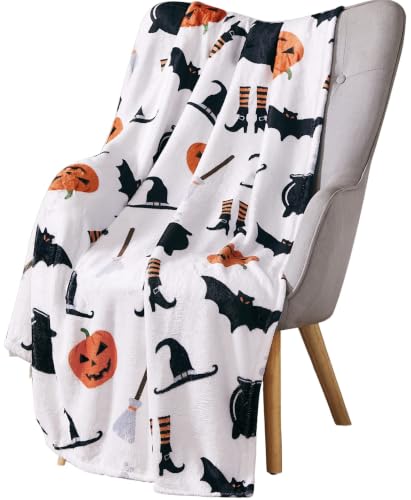 Halloween Cute Witch Fleece Throw Blanket, JackOLantern Bats, 50x60