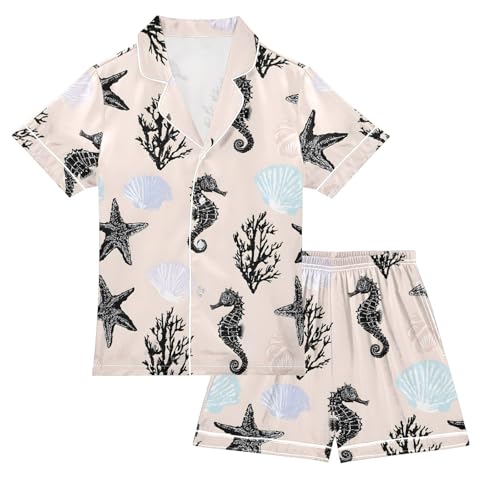 ALAZA Black Seahorse Star Coral Reef Satin Pajamas Set Short Sleeve Button Down Sleepwear Summer Pjs 2 Piece