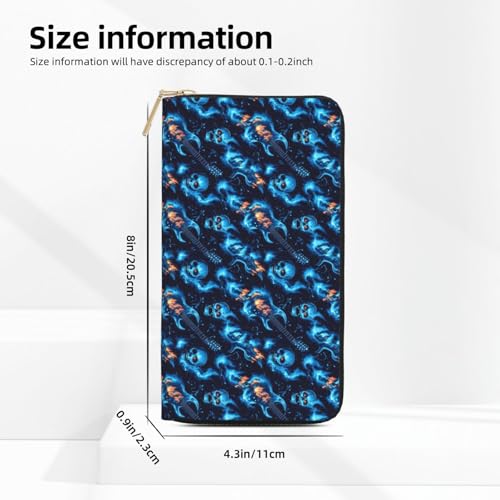 Blue Flame Skull Guitar Print Wallet Women Men, Long PU Leather Wallets for Women, Cute Womens Travel Wallet Purse Pouch with Zipper Pocket3