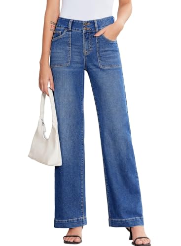 Sidefeel Women's High Waisted Jeans Straight Leg Stretchy Tummy Control Wide Leg Denim Pants Dark Blue Size 14