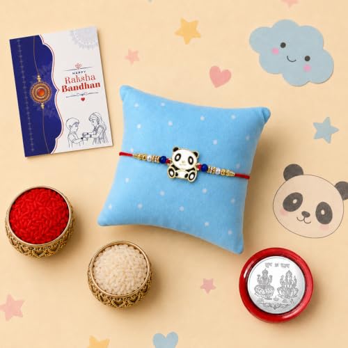 Image of Garth Cute Panda Designer Rakhi for Brother - Handmade Raksha Bandhan Thread Bracelet with Silver Color Pooja Coin, Tilak Set & Greeting Card, Traditional Festival Gift for Bhai (Set of 1)