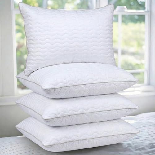 Image of AYKA Premium Microfiber Quilted Pillow for Sleeping, Set of 4 | 17x27 Inch Hotel Luxury Bed Pillows | 100% Virgin Fiber Fill, Soft & Fluffy | Neck Support for Side, Back & Stomach Sleepers | White