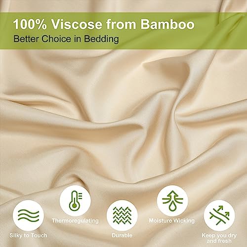 Ivellow 100% Viscose from Bamboo Sheets King Size, 18-24 Inch Extra Deep Pocket Beige Bed Sheets 4Pcs, Luxury Bamboo Viscose Cooling Sheets for King Size Bed, Silky Soft, Smooth, Breathable - Thumbnail 2