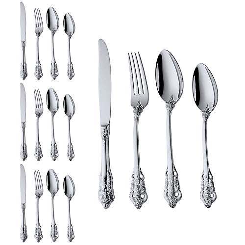 WULUN Edelstahl Besteck-Set Barock 16-teilig für 4 Personen mit Messer Gabel Löffel Kaffeelöffel, Antik Königliche Stil, Spülmaschinenfest