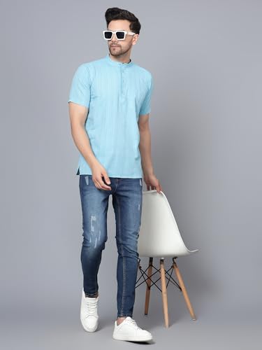 Image of LATEST CHIKAN Men's Cotton Regular Casual Strped Short Kurta Half Sleeves - (SK-LJ.DS.AS)