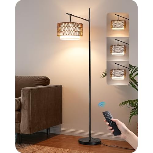 EDISHINE Rattan Floor Lamp with Dimmable Bulb, 5 Color Temperatures, Adjustable Farmhouse Standing Lamp with Remote, Black Floor Lamps for Living Room, Office, Bedroom Farmhouse-Black