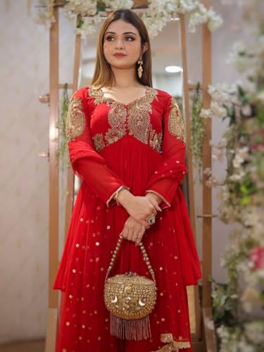 Image of Women Embroidered Ethnic Top Plazo Dupatta Set, Georgette Traditional Outfit for Festive WeddingWear