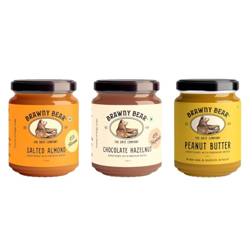 Image of Brawny Bear Peanut Butter, Chocolate Hazelnut Spread & Almond Butter Combo, 100% Natural Sweetened with Dates, Vegan, Smooth Healthy Nut Butter, No Added Sugar & Preservative Pack of 3-200 gm each