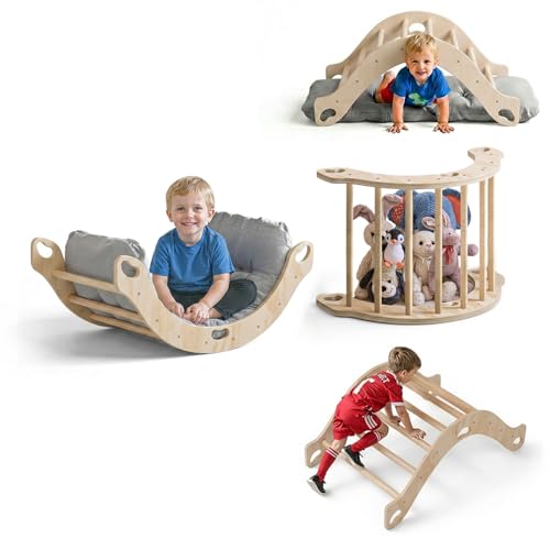 COSYLAND 3 en 1 Arco de Escalada Montessori con Cojín Suave – Triángulo de Escalada de Madera Doble Cara, Balancín y Estructura de Actividades, Niños de 18 Meses a 6 Años, Colores Madera Clara