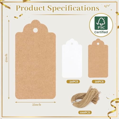 Image of SallyFashion Kraft Paper Tags, 200 PCS Kraft Paper Gift Tags Craft Hang Tags with Free 200 Root Natural Jute Twine for Gifts Arts and Crafts Wedding Holiday