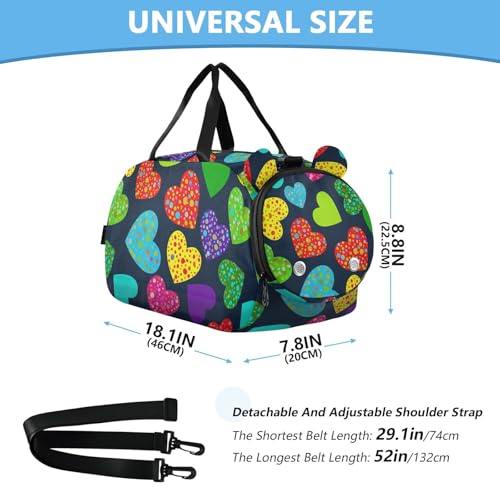 Dot Heart Colorful Kids Travel Duffel Bag for Boys Girls Overnight Weekend Tote Bag with Shoes Compartment for Beach Swim Trip3