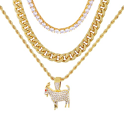 Techno Pave Mens Iced-Out Hip Hop Inspired 3-Piece Necklace Set - Gold Finish Goat Pendant