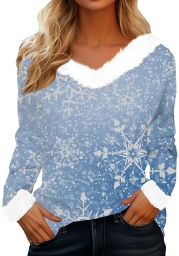 Christmas Long Sleeve Shirts for Women 2024 Trendy Graphic Tops Holiday V Neck Snowflake Pullover Winter Clothes