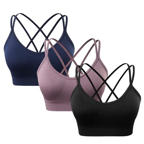 sicoozoe Women's Cross Back Sports Bra Padded Strappy Medium Support Yoga Bra for Workout Fitness 3 Pack