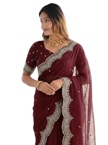 Image of SIRIL Women's Shimmer Georgette Scalloped Border Sequins Embroidery Saree with Unstitched Blouse Piece