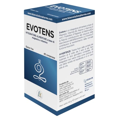 EVOTENS - Integratore Alimentare per Ridurre Stanchezza e Affaticamento, Contribuisce a Mantenere la Normale Funzione Muscolare, Vegano, Senza Glutine e Nat. Senza Lattosio, Made in Italy 40 Compresse