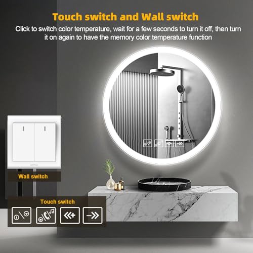 Litglobe Espejo Baño LED Bluetooth 60x60 cm,Espejo Redondo Baño Antivaho,Espejos de Bano con LED y Memoria,Espejos Bano con Luz c𝐨n Interruptor Táctil,Regulable,3 Colores - imagen 5