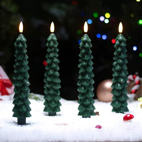 Image of Stmarry 4 PCS Flameless Christmas Tree Candles with Remote Timer, Real Wax Flameless Taper Candles 9.65 Inch, LED Candlesticks with 3D Flickering Flame, Christmas Decor Candles Battery Operated