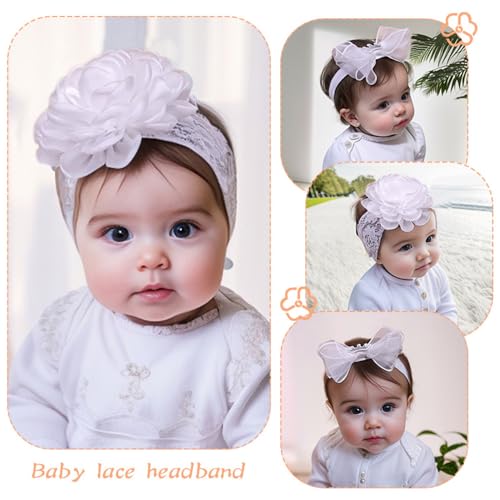 Delicate Lace Floral Baby Girl Headbands 2-3 pcs Newborn Infant Toddler Elastic Hair Band Set Baby Shower Birthday Christenings Gift Hair Accessories (White C, 2 pcs)2