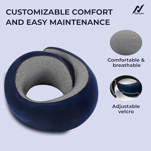 Image of nexlev Travel Neck Pillow | Orthopedic Premium Memory Foam | for Airplane, Car, Train, Office use & Cervical Pain | Machine Washable | 360 Support | Carry Pouch for Storage | NP-06