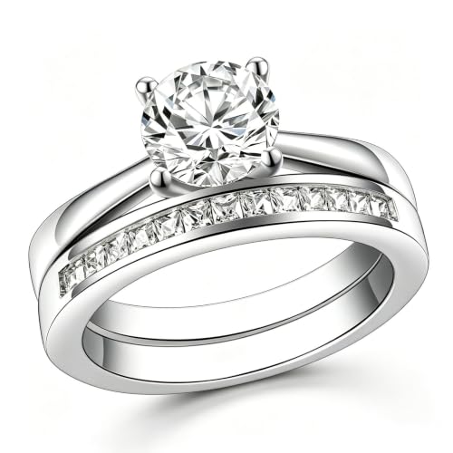 HAULTENG Solitaire Moissanite Wedding Ring Sets For Women in Silver Plated