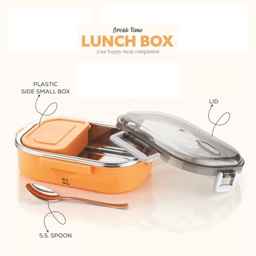 Image of Stainless Steel Outer Lunch Box with Inner Plastic Body | Leak Proof Compartment Tiffin Box with Stainless Steel Spoon & 1 Plastic Box | Lock Mechanism for Kids & Adults Office School Use