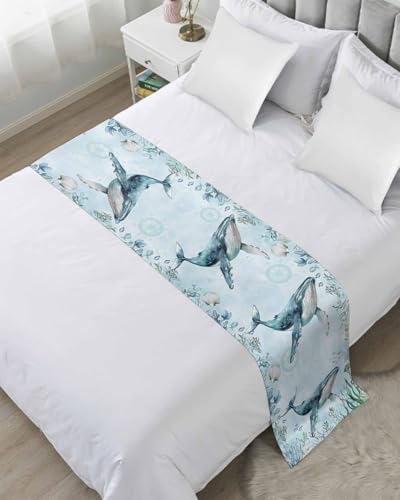 Yukro Bed Runner Scarf, Teal Whale Summer Shell Coral Watercolor Nautical King Bed Scarf Runner, No Fading Decorative Bedding Scarf for Bedroom Hotels Homes and Guestrooms