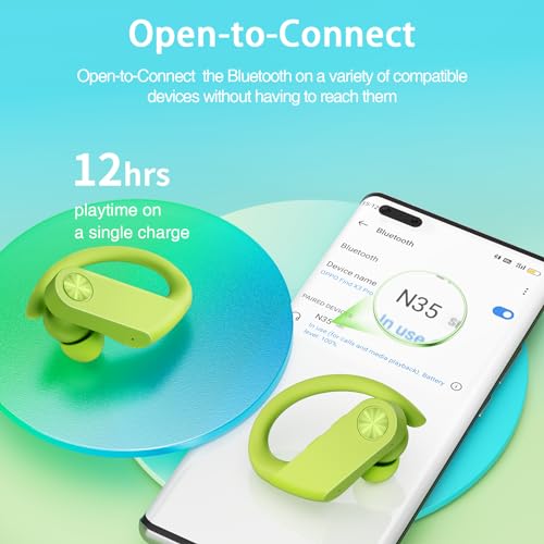 Wireless Earbuds Bluetooth Headphones 110Hrs Playback Sports Ear Buds with 2200mAh Charging Case & Dual Power Display Over-Ear Stereo Bass Earphones with Earhooks for Running Workout Green - Image 5