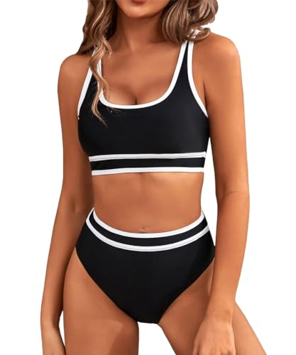 Yeenily Damen Badeanzug Zweiteiler Sport Bikini Set Sexy High Waist Bademode Triangel Bustier Push Up Strand Tankini Bau...