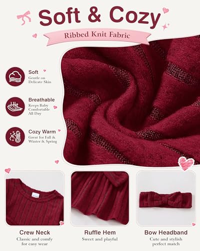 Image of SODLON Baby Girl Clothes Toddler Fall Winter Outfits Ruffle Long Sleeve Bow Top Flared Pants Set Bell Bottom Clothing 18M-5T