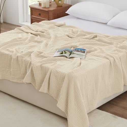 Image of Love's cabin 100% Cotton Muslin Blanket, 6 Layer Lightweight Breathable Gauze Queen Size Blanket 90 x 90 Inches, Soft All Season Blanket for Bed, Beige