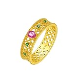 Homxi Anillo de Matrimonio Oro Amarillo 14 Kilates Mujer, Hueco con Rubí y Tsavorita, Anillo de Alianzas Mujer Oro, Tamaño 22(62mm)