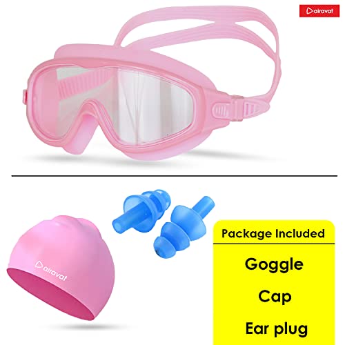 Image of AIRAVAT Macho swimming goggles for Kids Children Teens, polycarbonate goggles, Anti-Fog, Anti-UV, Wide View Swimming Goggles, Free size (Pink Combo)