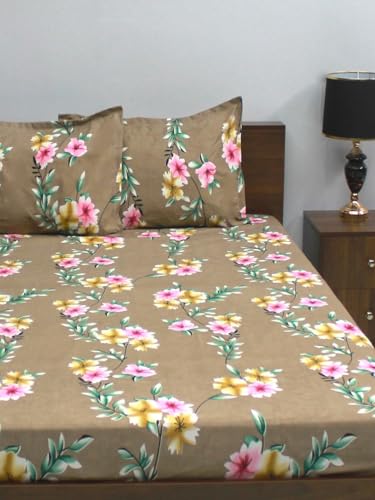 Image of Bombay Dyeing Mimosa 164 GSM Microfiber Brown Floral Double Bedsheet with 2 Pillow Covers
