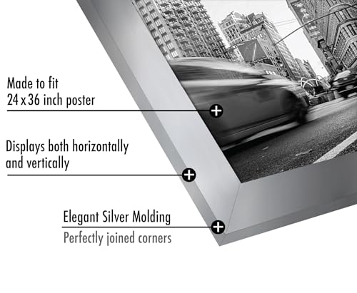 Americanflat 24x36 Poster Frame with Polished Plexiglass - Silver Picture Frame - Wide Photo Frames Made of Engineered Wood for Vertical or Horizontal Wall Display - Epic Collection - Silver